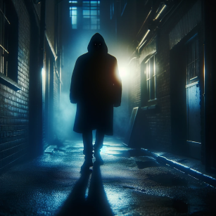 A dimly lit alleyway with a mysterious figure emerging from the shadows. The eerie glow of a distant streetlight casts an ominous and unsettling atmosphere.