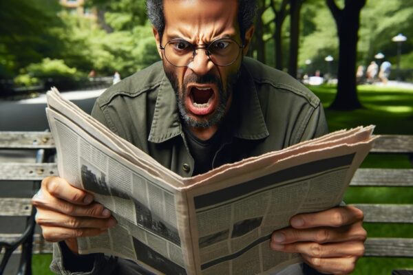 Man in the park looking at his newspaper. The article he is reading has pissed him off.