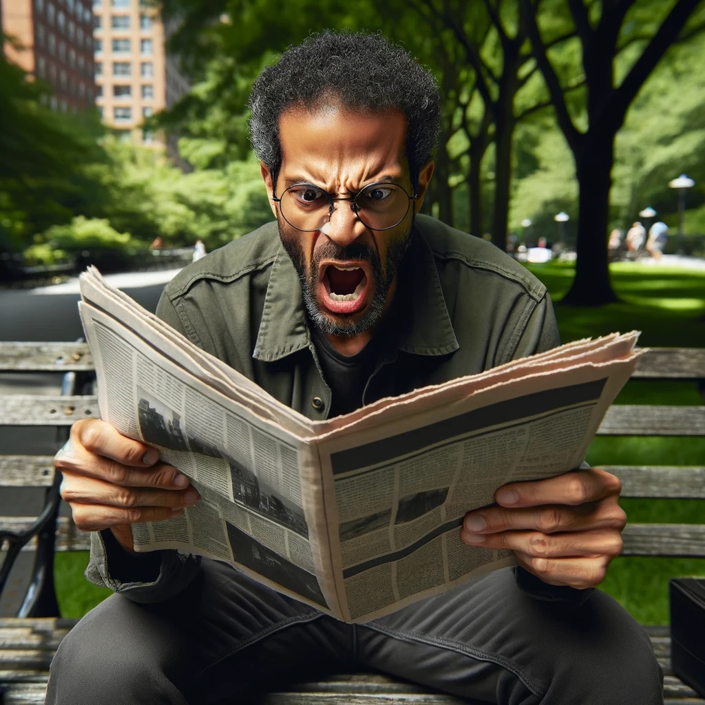 Man in the park looking at his newspaper. The article he is reading has pissed him off.